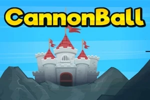Castillo medieval con banderas rojas entre montañas y el texto CannonBall en la parte superior sobre un fondo azul