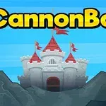 Castillo medieval con banderas rojas entre montañas y el texto CannonBall en la parte superior sobre un fondo azul