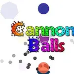 Texto colorido Cannon Balls con fondo blanco y formas geométricas dispersas