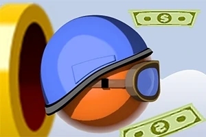 Una esfera naranja con casco azul y gafas volando junto a billetes verdes frente a un fondo con una nube y un portal amarillo