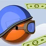Una esfera naranja con casco azul y gafas volando junto a billetes verdes frente a un fondo con una nube y un portal amarillo