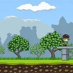 Dos personajes con cascos vikingos en un entorno de plataforma, uno junto a un cañón y el otro sobre una estructura elevada, rodeados de árboles y montañas en el fondo