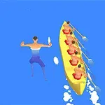 Persona nadando junto a un bote amarillo con varios remeros sobre un fondo azul
