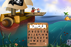 Barco pirata con bandera de calavera, piratas en cubierta, océano y letras del alfabeto en una tabla de madera