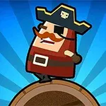 Personaje caricaturesco de pirata con sombrero negro y bigote parado sobre un barril, con un fondo azul con rayos divergentes