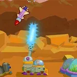 Una nave espacial colorida despega sobre un paisaje de montañas de tonos marrones y estructuras futuristas en el suelo