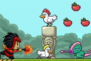 Personaje en un entorno pixelado disparando fuego hacia un camaleón y dos gallinas con fresas flotando en el aire
