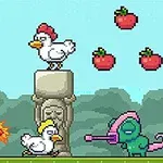 Personaje en un entorno pixelado disparando fuego hacia un camaleón y dos gallinas con fresas flotando en el aire