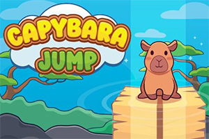 Ilustración colorida de un capibara sentado sobre una plataforma de madera junto al texto Capybara Jump en un paisaje tropical