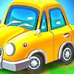 Caricatura de un automóvil amarillo con detalles redondeados y un fondo azul vibrante