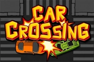 Título Car Crossing en letras amarillas y rojas sobre dos autos chocando en una intersección
