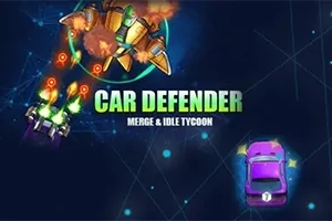 Robot dorado y auto morado sobre fondo azul con texto Car Defender