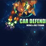 Robot dorado y auto morado sobre fondo azul con texto Car Defender