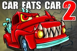 Coche rojo animado con colmillos y grandes ojos amarillos en una ilustración artística
