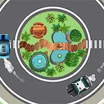 Vista aérea de una glorieta con un jardín central que incluye un estanque, puente de madera y dos carros circulando alrededor