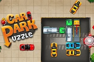 Título colorido Car Park Puzzle junto a una vista superior de coches de colores estacionados en un diseño de rompecabezas