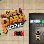 Título colorido Car Park Puzzle junto a una vista superior de coches de colores estacionados en un diseño de rompecabezas