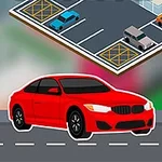 Un coche rojo en una carretera frente a un estacionamiento con señal de aparcamiento