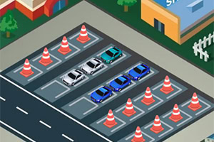 Estacionamiento isométrico con conos naranjas delimitando lugares y varios autos estacionados