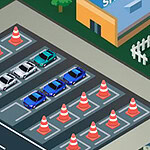 Estacionamiento isométrico con conos naranjas delimitando lugares y varios autos estacionados