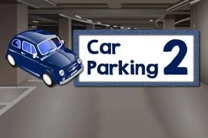 Auto azul estilizado junto a un letrero con las palabras Car Parking 2 en un estacionamiento subterráneo