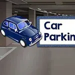 Auto azul estilizado junto a un letrero con las palabras Car Parking 2 en un estacionamiento subterráneo