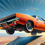 Coche de color naranja saltando sobre una rampa en un paisaje desértico con un cielo azul de fondo