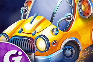 Carro amarillo y futurista con diseño estilizado, luces brillantes y hélices en un fondo oscuro