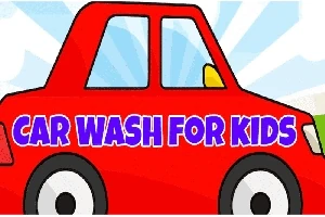 Coche rojo de caricatura con la frase Car Wash for Kids en letras azules sobre un fondo colorido con rayos de luz