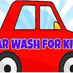 Coche rojo de caricatura con la frase Car Wash for Kids en letras azules sobre un fondo colorido con rayos de luz