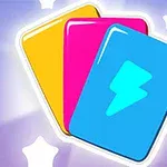 Tres cartas de colores amarillo, rosa y azul con un símbolo de rayo, sobre un fondo morado con estrellas blancas