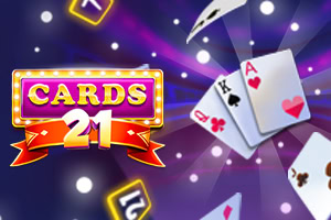 Cartas de diferentes palos, incluyendo un as de corazones, flotan sobre un fondo colorido con el texto CARDS 21 destacado