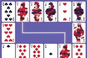Cartas de diferentes palos distribuidas sobre un fondo púrpura, con líneas blancas conectando algunas de ellas