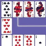 Cartas de diferentes palos distribuidas sobre un fondo púrpura, con líneas blancas conectando algunas de ellas