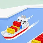 Barco carguero en un puerto con contenedores de colores rojo, amarillo y azul, y una grúa descargando contenedores amarillos