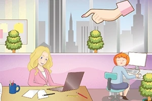 Dos mujeres en una oficina con grandes ventanas que muestran un paisaje urbano, una trabajando en una computadora portátil y la otra en un escritorio con una mano gigante señalando desde arriba