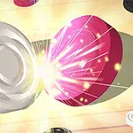 Dos fichas, una blanca y una rosa, chocan con un destello brillante en el centro de una superficie de madera clara, con más fichas alrededor