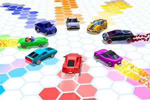 Coches de colores brillantes circulando sobre un suelo de hexágonos multicolores