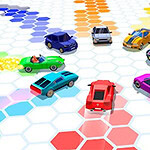 Coches de colores brillantes circulando sobre un suelo de hexágonos multicolores