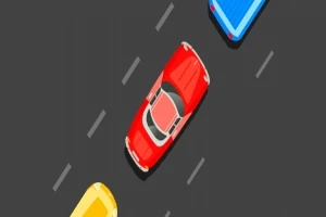 Auto rojo en una carretera rodeado de vehículos amarillo y azul
