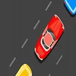 Auto rojo en una carretera rodeado de vehículos amarillo y azul