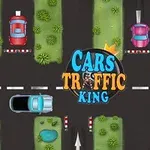 Intersección de caminos con autos de diferentes colores y un camión sobre un fondo verde con áreas de pasto y agua