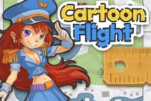 Ilustración de una joven con uniforme de piloto azul, cabello rojo largo y una regla amarilla en el fondo, con el texto Cartoon Flight