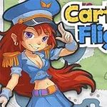 Ilustración de una joven con uniforme de piloto azul, cabello rojo largo y una regla amarilla en el fondo, con el texto Cartoon Flight