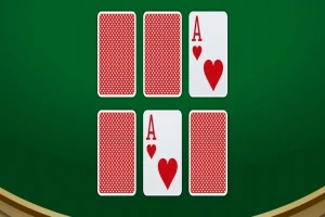Seis cartas sobre una mesa verde, dos descubiertas mostrando ases de corazones
