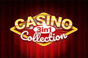 Texto Casino Collection 3 in 1 en letras doradas y blancas sobre fondo rojo con cortinas