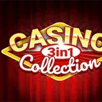 Texto Casino Collection 3 in 1 en letras doradas y blancas sobre fondo rojo con cortinas