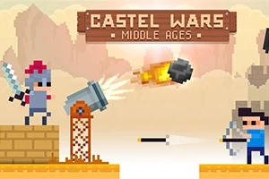 Personajes pixelados con espadas y arcos enfrentándose sobre plataformas, con un cañón disparando y un fondo de cielo nublado