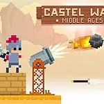 Personajes pixelados con espadas y arcos enfrentándose sobre plataformas, con un cañón disparando y un fondo de cielo nublado