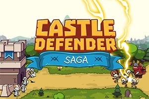 Título Castle Defender Saga con soldados y un castillo a la izquierda, y esqueletos siendo atacados por un rayo a la derecha sobre un fondo de bosque